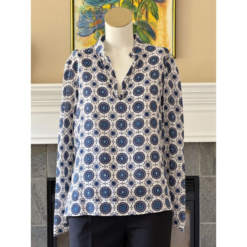 Tory Burch for Scoop NYC Blue Medallion Print Cotton Tunic Blouse Size 4